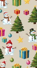 Naklejka premium Seamless holiday pattern featuring happy snowmen, colorful gift boxes, decorated trees, stars, and ornaments on a neutral beige background, ribbon, spruce, merry