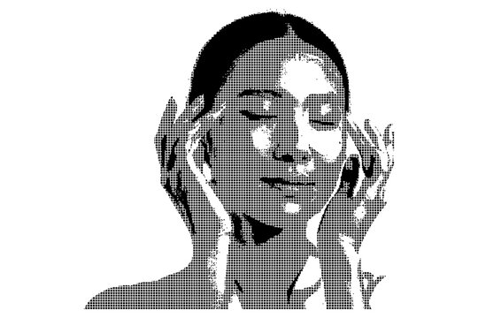 Halftone portrait of a woman applying skincare product on her face isolated on transparent background