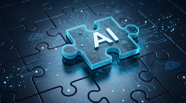 Glowing transparent AI puzzle piece connecting to black puzzle board. Concept of artificial intelligence integration, machine learning algorithm, and software engineering.