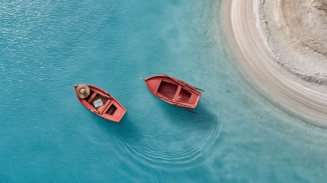 red boats glide calm turquoise waters. Sandy isle curves gently beside serene sea. Sunlight dances on rippling surface.