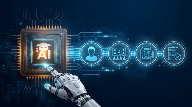 Cyborg hand touching AI microchip processor connected to glowing e-learning interface icons. Concept of automated online education, virtual classroom management, and artificial intelligence grading.