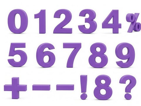 Set of 3d purple numbers and math symbols isolated on white background