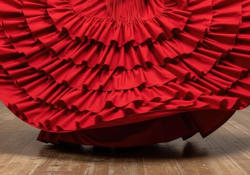 Vibrant red ruffles of a traditional gown swirl above a rustic wooden floor, capturing the intense energy and motion of a rhythmic dance, energy, style, swirling