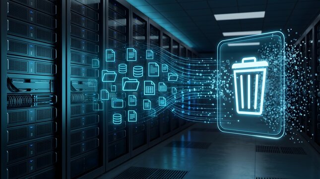 Glowing digital trash can icon absorbing data stream of document folders in a server room. Concept of database memory cleanup, secure file deletion, and data privacy compliance.