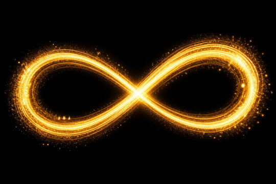 Golden glowing infinity symbol made of light trails and sparkling particles on black background