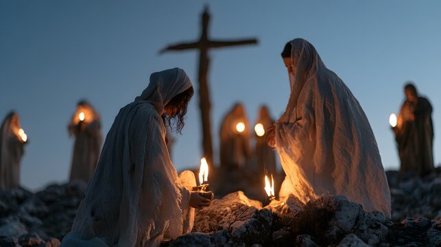 Women in white robes holding oil lamps near a wooden cross at dusk during an easter vigil prayer