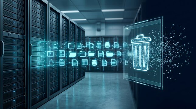 Glowing wireframe trash bin icon deleting data stream of document folders in a server room. Concept of automated data purging, server maintenance, and secure file deletion protocol.