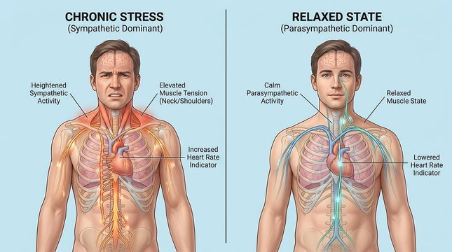 Medical illustration comparing the human nervous system during chronic stress and a relaxed state, showing sympathetic and parasympathetic activity