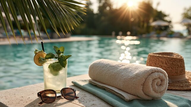 Sunlit poolside scene invites relaxation. Mint cocktail, folded towel, and hat rest on stone ledge.