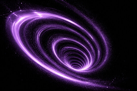 Abstract purple spiral galaxy or black hole vortex in deep space, glowing cosmic light tunnel with stars and nebula particles
