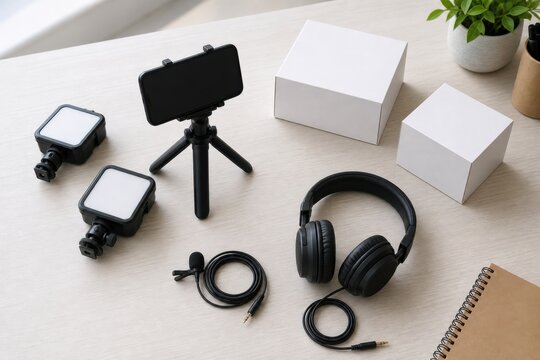Mobile content creator kit with phone lights audio and packages