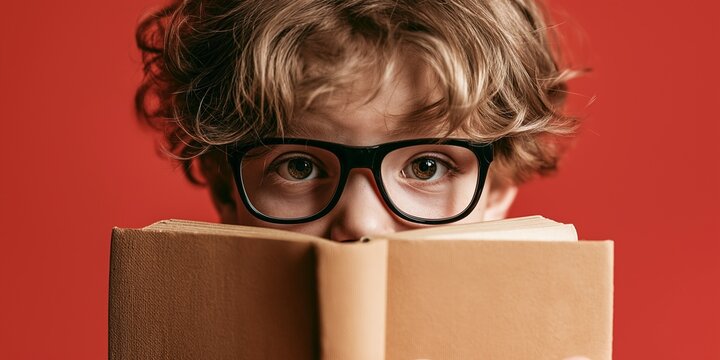 Funny young boy isolated on a red wall, holding and reading a book