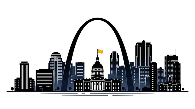 St. Louis skyline silhouette illustration featuring a large metal arch and tall black city buildings
