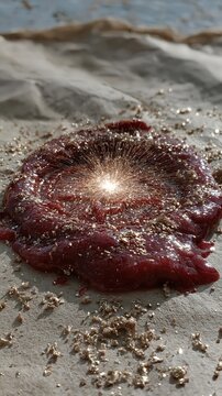 Red sauce swirls, glistening under bright light. Gold flecks shimmer across its textured surface.