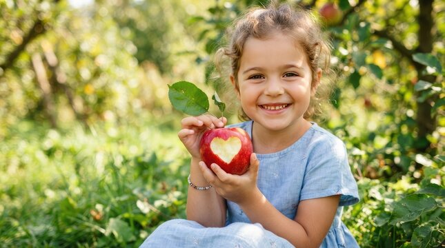 A happy little girl holding a fresh red apple with a heart shape carved into it while sitting in a sunny orchard for world food