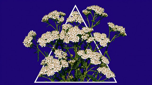 White flowers growing in blue triangle background