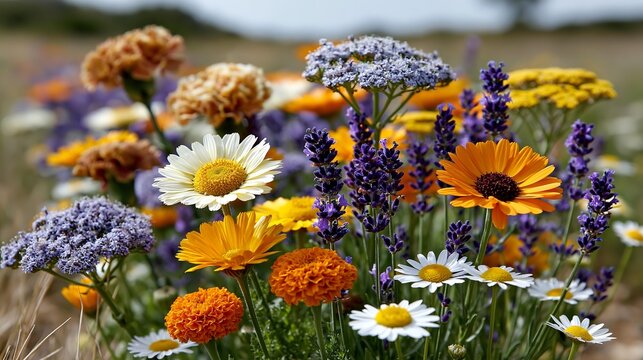Vibrant wildflowers bloom in warm, sunlit meadow. Soft focus highlights delicate petals and golden hues.