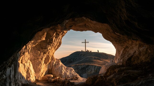 View from empty tomb cave looking out at cross on hill golgotha easter resurrection