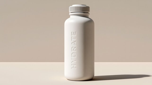 Minimalist white bottle stands alone. Soft shadows cast gentle contrast. "Hydrate" embossed on smooth surface.