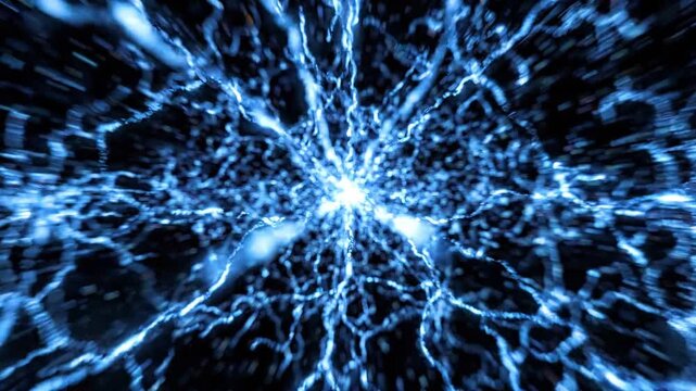 Abstract blue light patterns radiating from a central point, creating a dynamic visual effect with interconnected lines and glowing nodes in a dark background