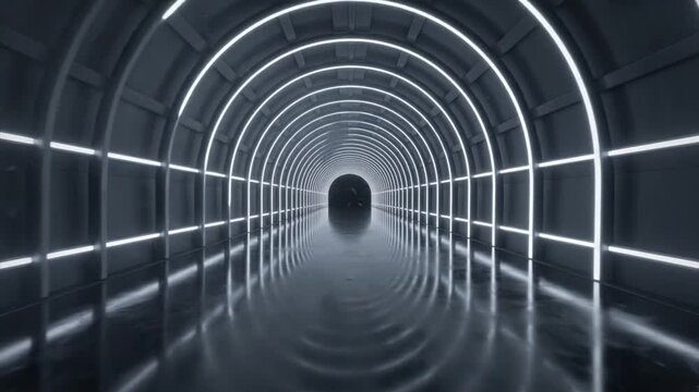 Futuristic dark tunnel with glowing white neon arched lights and reflective floor surface in a modern sci fi setting