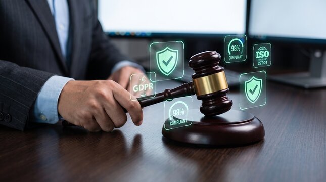 cybersecurity law concept, business attorney using a judicial gavel with floating security icons, leveraging tools for privacy regulation, risk assessment, compliance monitoring, and information secur