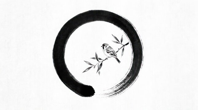 Black enso circle with bird on bamboo branch.