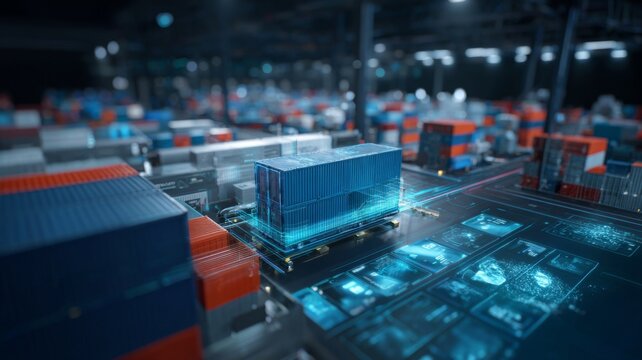 Digital logistics management interface visualizing automated cargo container distribution systems in futuristic warehouse environments with containers via sophisticated