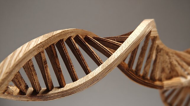 Wooden DNA double helix model sculpture crafted with intricate detail showcasing genetics and biology concepts inside a modern scientific laboratory or educational study setting