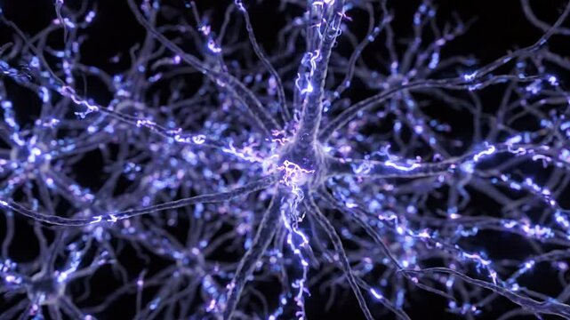 Neural network structure with glowing synapses and branching connections, showcasing the intricate pathways of communication within the nervous system in a dark environment