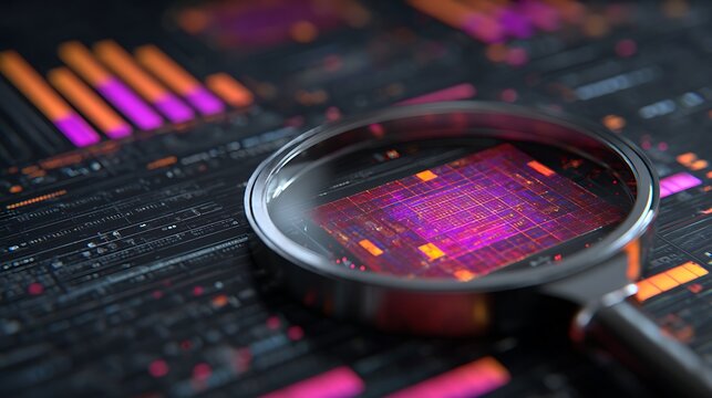 Advanced semiconductor microchip under magnifying glass with glowing digital data visualization circuits and cybernetic analytics dashboard in futuristic technology laboratory