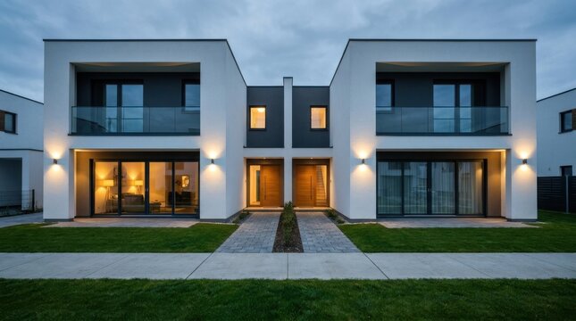 Modern semi detached houses featuring bright warm exterior lighting under a dramatic blue evening twilight sky