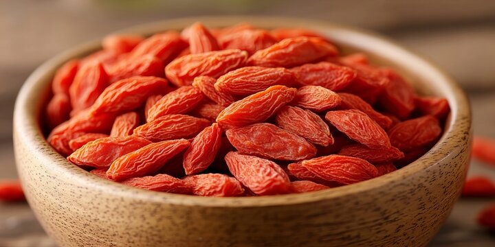 Wooden Bowl Filled With Sun Dried Bright Red Goji Berries A Gourmet Healthy Superfood Ingredient