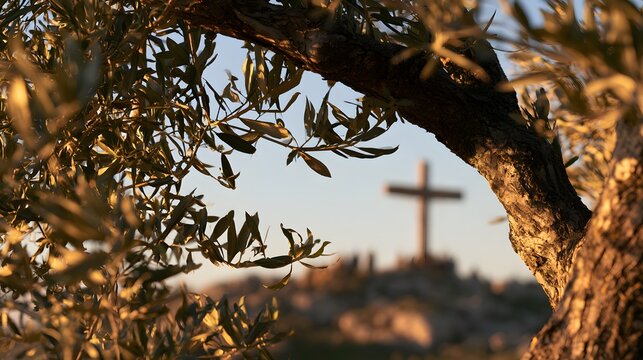 Cross on a hill at sunset, framed by olive branches