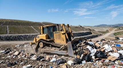 Fototapeta premium Industrial bulldozer moving waste at a modern landfill site