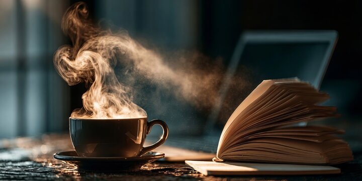 A Cozy Morning Workspace Featuring A Steaming Cup Of Fresh Coffee And An Open Journal On The Desk