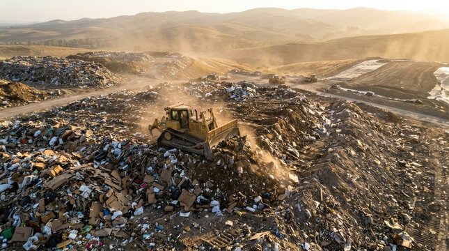 Bulldozer leveling waste at a large industrial landfill site