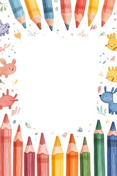 Colorful pencils and cute animals creating art frame