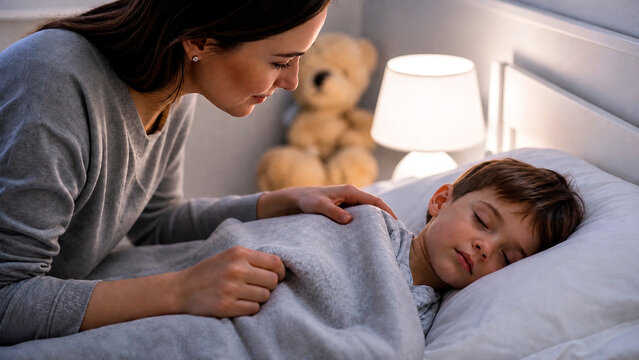 Caring mother tucking sleeping boy into bed at night. Family love, parenting, bedtime routine, childhood comfort and peaceful home life concept.