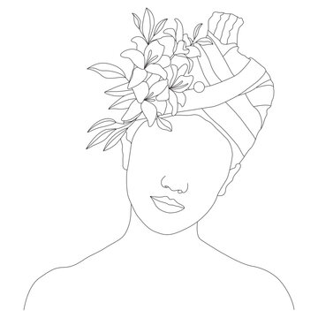 Minimalist Line Art Woman Portrait with Turban and Floral Crown Vector Isolated on White Background
