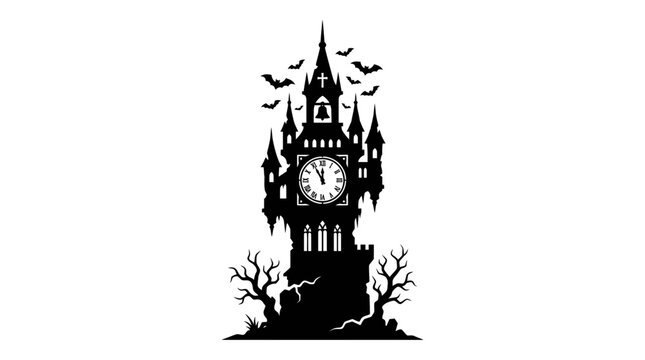 Halloween Gothic haunted clock tower silhouette, spooky Halloween castle with bats and dead trees, dark mystical clocktower vector illustration vector