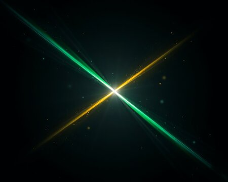 Abstract star burst with glowing green and yellow light streaks isolated on black background for dynamic digital design project or futuristic technology visual.