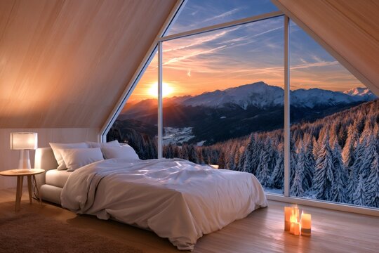 Cozy bedroom with a panoramic mountain sunset view