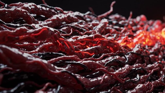 Flowing molten lava texture with glowing orange highlights and dark, twisted surfaces creating a dynamic visual effect in a dark environment
