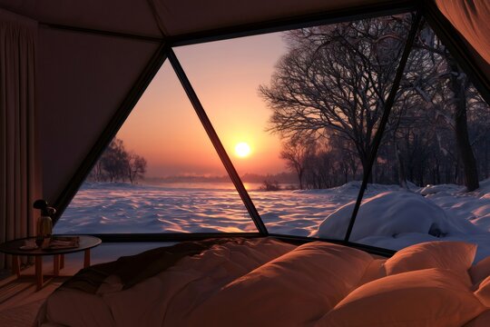 Cozy bedroom view of winter landscape during sunrise