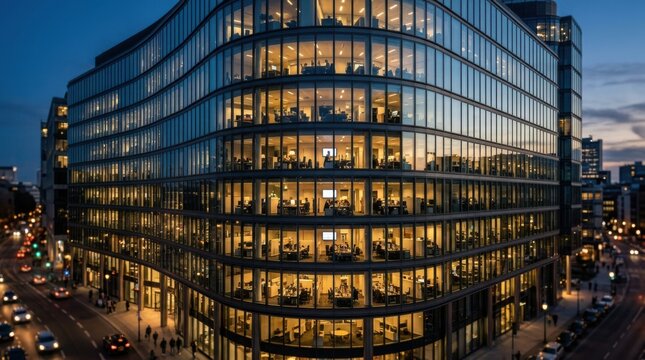Modern glass office building facade illuminated at night with busy workers inside during late evening hours