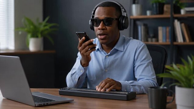 Blind man using a refreshable braille display and smartphone with headphones at a modern desk workspace