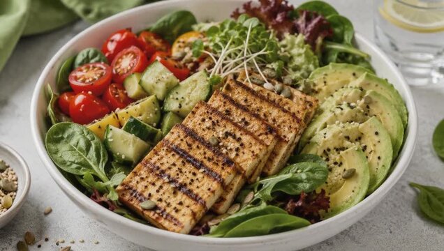 Grilled tofu protein bowl with avocado, cherry tomatoes, cucumber, mixed greens and sprouts