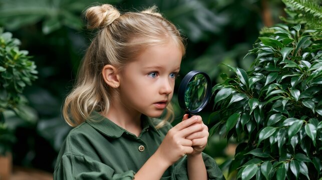 Child observing green plant leaves with magnifying glass
