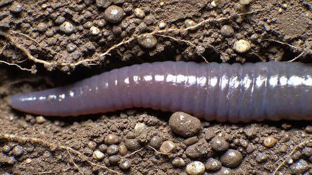 Close-Up View of a Caecilian-Like Amphibian Moving Through Damp Soil, Capturing Biodiversity and Biological Detail